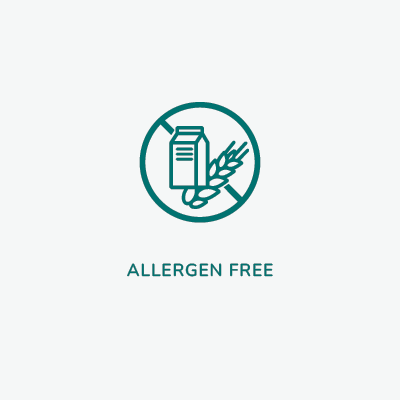 A square image with a white circular icon depicting a crossed-out milk carton and wheat, indicating that Linnea's cannabinoid ingredients are free from allergens, gluten, lactose, and melamine.