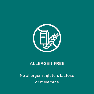 Within the circle is a milk carton and wheat with a slash through them. Beneath the circle the words read: Allergen Free. No allergens, gluten, lactose or melamine.