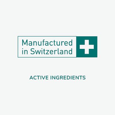 Within the rectangle the words read: Manufactured in Switzerland. Next to the rectangle is a square in the same shade of green with the Switzerland flag symbol. Beneath the rectangle the words read: Active ingredients manufactured in Switzerland.