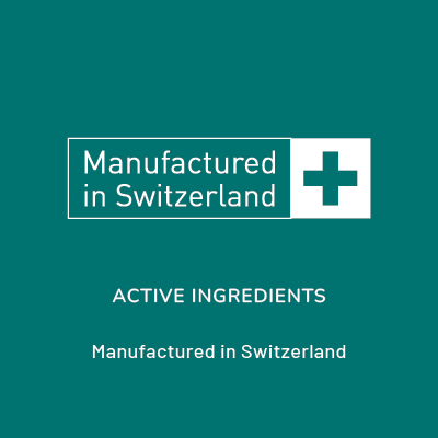 Within the rectangle the words read: Manufactured in Switzerland. Next to the rectangle is a square in the same shade of green with the Switzerland flag symbol. Beneath the rectangle the words read: Active ingredients manufactured in Switzerland.
