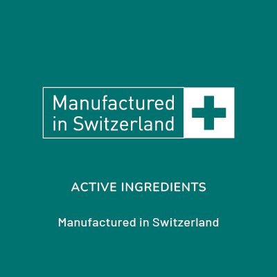 A square image with a white rectangular icon featuring the text 'Manufactured in Switzerland' alongside a Swiss cross, indicating that Linnea's innovative cannabinoid ingredients are manufactured in Switzerland.