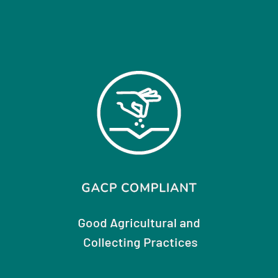 Within the circle is a hand that is dropping seeds into a hole for planting. Beneath the circle the words read: GACP compliant Good Agricultural and Collecting Practices.