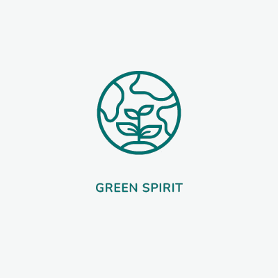 Within the circle is a sketch of the globe with a sprouting flower positioned at the bottom. Beneath the circle the words read: Green Spirit, Sustainable, low-impact thanks to our biogas facility.