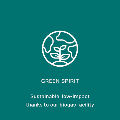 Within the circle is a sketch of the globe with a sprouting flower positioned at the bottom. Beneath the circle the words read: Green Spirit, Sustainable, low-impact thanks to our biogas facility.