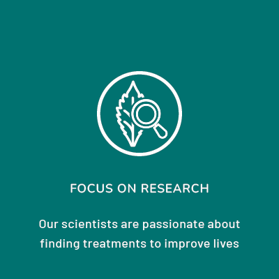 A square image with a white circular icon depicting a magnifying glass over a leaf, symbolizing Linnea's commitment to research and development of innovative extracts. The text highlights the passion of their scientists in finding treatments to improve lives.