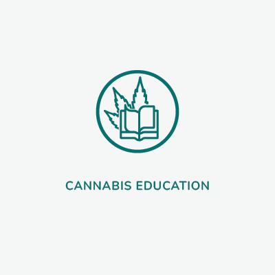 Within the circle is a cannabis plant with an open book. Beneath the circle the words read: Cannabis education. Raising awareness about cannabis’ therapeutic properties.