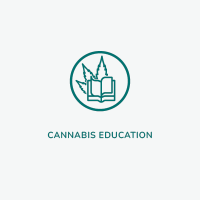 A square image with a white circular icon depicting an open book with cannabis leaves in the background, symbolizing Linnea's commitment to raising awareness about the therapeutic properties of cannabis.