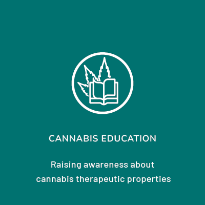 A square image with a white circular icon depicting an open book with cannabis leaves in the background, symbolizing Linnea's commitment to raising awareness about the therapeutic properties of cannabis.