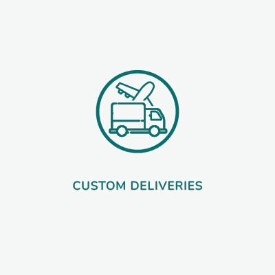 Within the circle is a picture of a box truck and an airplane behind it. Beneath the circle the wording reads: Custom deliveries. Custom tailored batches and deliveries for absolute quality.