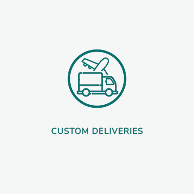 A square image with a white circular icon depicting a delivery truck and an airplane, symbolizing Linnea's capability to provide custom tailored batches and deliveries for absolute quality in cannabinoid solutions.