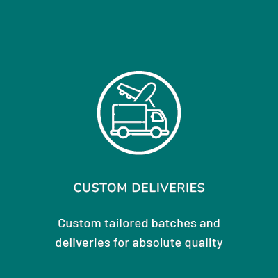 Within the circle is a picture of a box truck and an airplane behind it. Beneath the circle the wording reads: Custom deliveries. Custom tailored batches and deliveries for absolute quality.