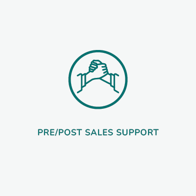 Within the circle is an image of hands shaking together. Beneath the circle the wording reads: Pre/Post sales support. One-on-one assistance when you need it.