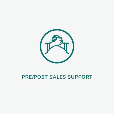 A square image with a white circular icon depicting two hands shaking, symbolizing Linnea's commitment to providing one-on-one assistance for pre and post sales support in their cannabinoid solutions.