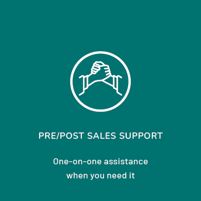 Within the circle is an image of hands shaking together. Beneath the circle the wording reads: Pre/Post sales support. One-on-one assistance when you need it.