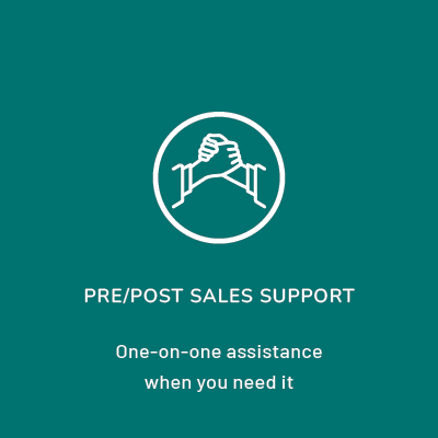 A square image with a white circular icon depicting two hands shaking, symbolizing Linnea's commitment to providing one-on-one assistance for pre and post sales support in their cannabinoid solutions.