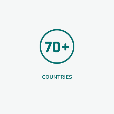 A square image with a white circular icon featuring the text '70+,' indicating that Linnea's innovative cannabinoid ingredients have reached over 70 countries worldwide.