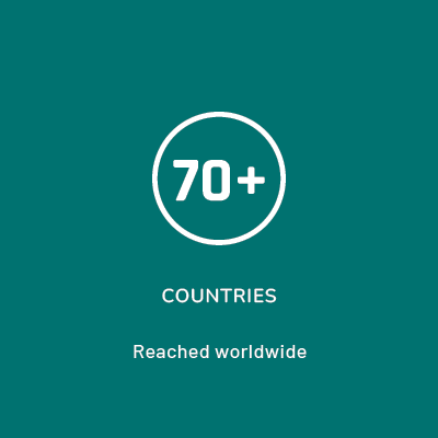 A square image with a white circular icon featuring the text '70+,' indicating that Linnea's innovative cannabinoid ingredients have reached over 70 countries worldwide.