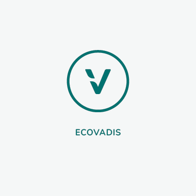 Within the circle is the letter V the symbol for sustainability ratings Ecovadis. Beneath the circle the wording reads: Ecovadis.