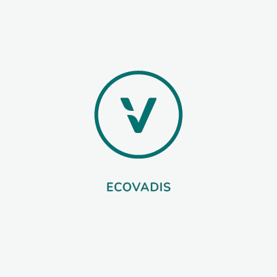 A square image with a white circular icon featuring the EcoVadis logo, representing Linnea's commitment to sustainability and high standards in the production of cannabinoid isolates.