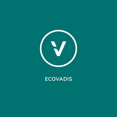 Within the circle is the letter V the symbol for sustainability ratings Ecovadis. Beneath the circle the wording reads: Ecovadis.