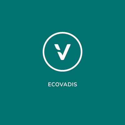 A square image with a white circular icon featuring the EcoVadis logo, representing Linnea's commitment to sustainability and high standards in the production of cannabinoid isolates.