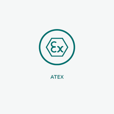 Within the circle is an octagon. Within the octagon the letters read Ex. Beneath the circle the wording reads ATEX.