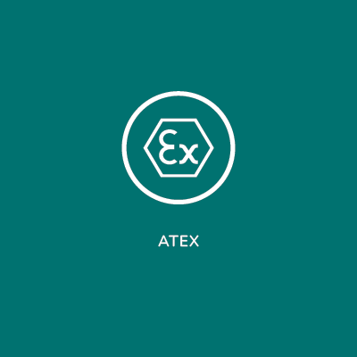 Within the circle is an octagon. Within the octagon the letters read Ex. Beneath the circle the wording reads ATEX.
