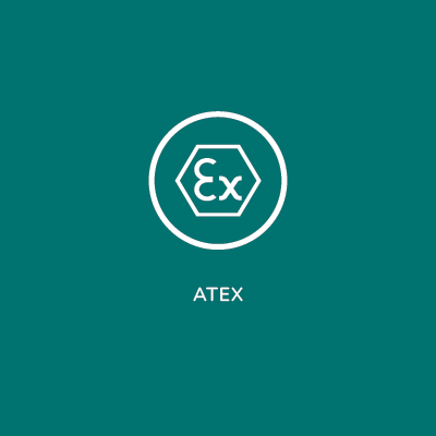 A square image with a white circular icon featuring the ATEX logo, symbolizing Linnea's compliance with safety standards in hazardous environments as a botanical extract manufacturer.
