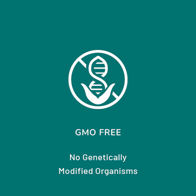 Within the circle is a DNA strand sprouting from a plant with a slash through it. Beneath the circle the words read: GMO Free. No Genetically Modified Organisms.