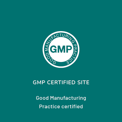 Within the circle is a solid circle. Following the circle the words read: Good Manufacturing Practices. Within the solid circle the letters GMP are in white. Beneath the circle the words read: Good Manufacturing Practice Certified.