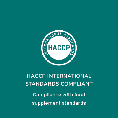 Following the shape around a solid circle the words read: International Standards. Within the solid circle the letters HACCP are in white. Beneath the circle the words read: HACCP International Standards Compliant.