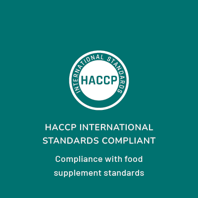 A teal emblem with the text 'INTERNATIONAL STANDARDS' and 'HACCP' in the center. Below it, the text reads 'HACCP INTERNATIONAL STANDARDS COMPLIANT.' Linnea, a company that manufactures pharmaceutical ingredients, specializes in CBD, bulk cannabinoids, and cannabinoid solutions.