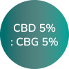 A logo reads: CBD 5% : CBG 5%. CBD stands for Cannabidiol and CBG stands for Cannabigerol.