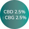 A logo reads: CBD 2.5% : CBG 2.5% CBD and CBG stand for Cannabidiol and Cannabigerol, respectively.