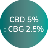 A logo reads:CBD 5% : CBG 2.5% CBD and CBG stand for Cannabidiol and Cannabigerol, respectively.