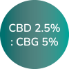 A logo reads: CBD 2.5% : CBG 5% CBD and CBG stand for Cannabidiol and Cannabigerol, respectively.