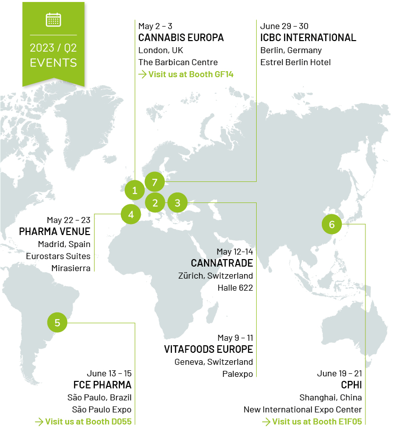 A map with all the continents with various marked locations that provide information regarding conference dates for quarter two of 2023 to meet the Linnea team.