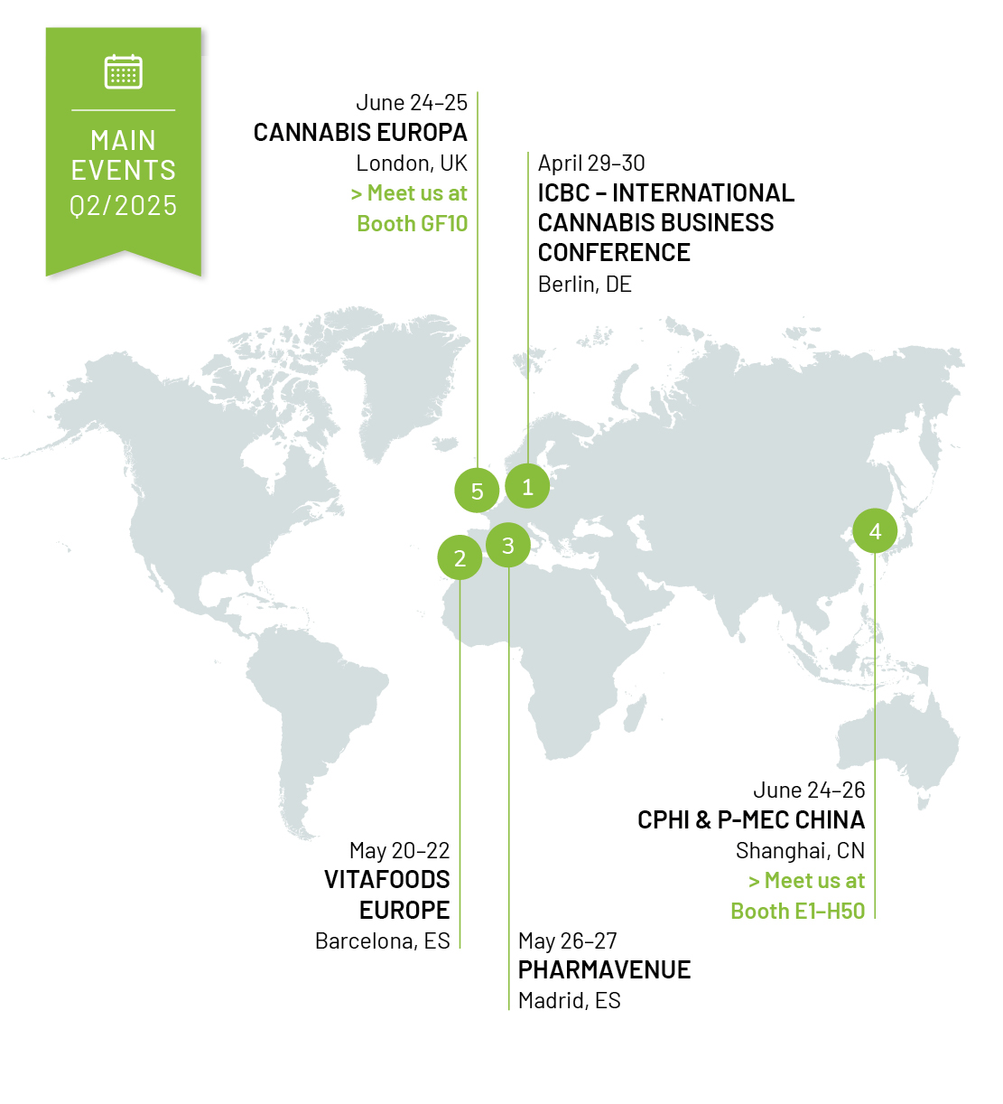 A map with all the continents with various marked locations that provide information regarding conference dates for quarter one and two of 2024 to meet the Linnea team.